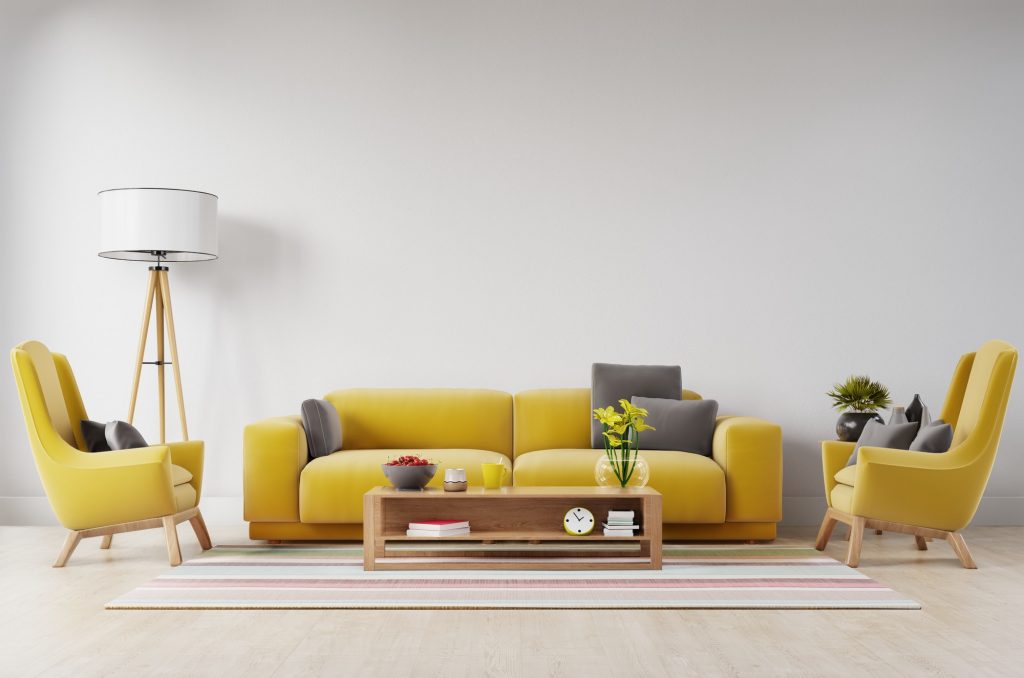 White living room interior with Yellow fabric sofa.